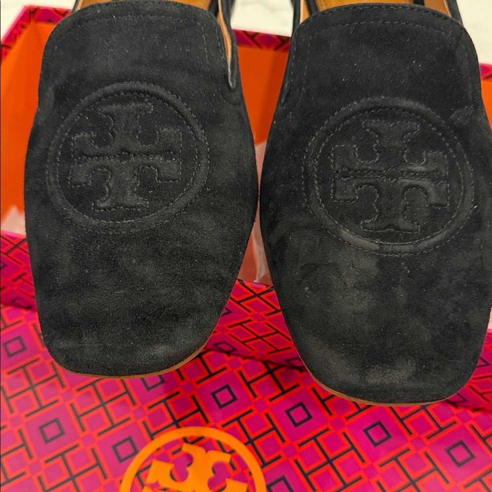 Tory Burch Black Suede Embossed Logo Loafers - Picture 4 of 6
